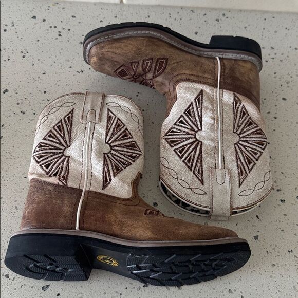 Dan Post Youth Cream and Brown Leather Western Boots Pull On Children’s Size 2 D - Picture 5 of 12